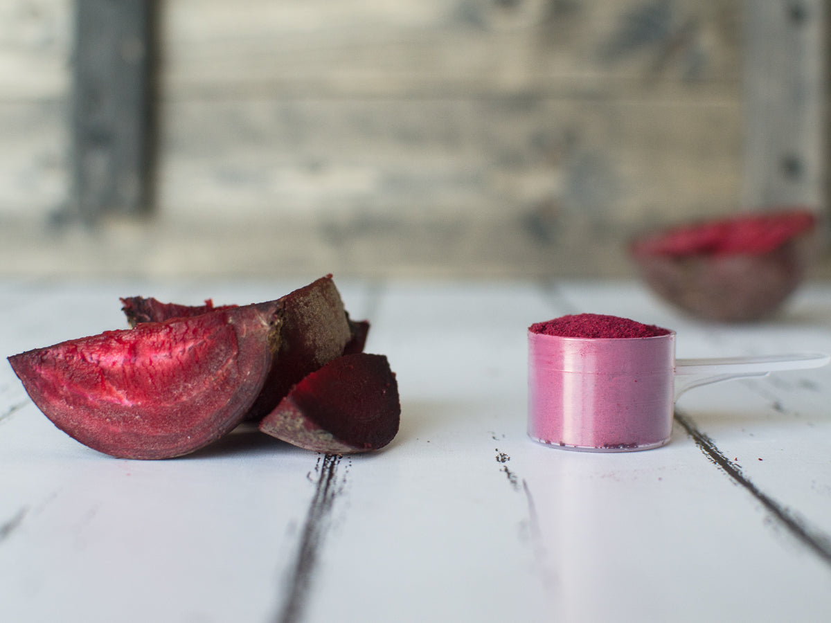 fresh beets next to KOYAH beet powder