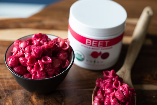 Mac and Cheese with Beet Powder
