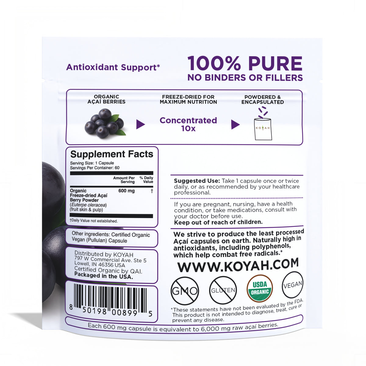 KOYAH Organic Acai Capsules supplement facts label showing 600mg freeze-dried acai per capsule
