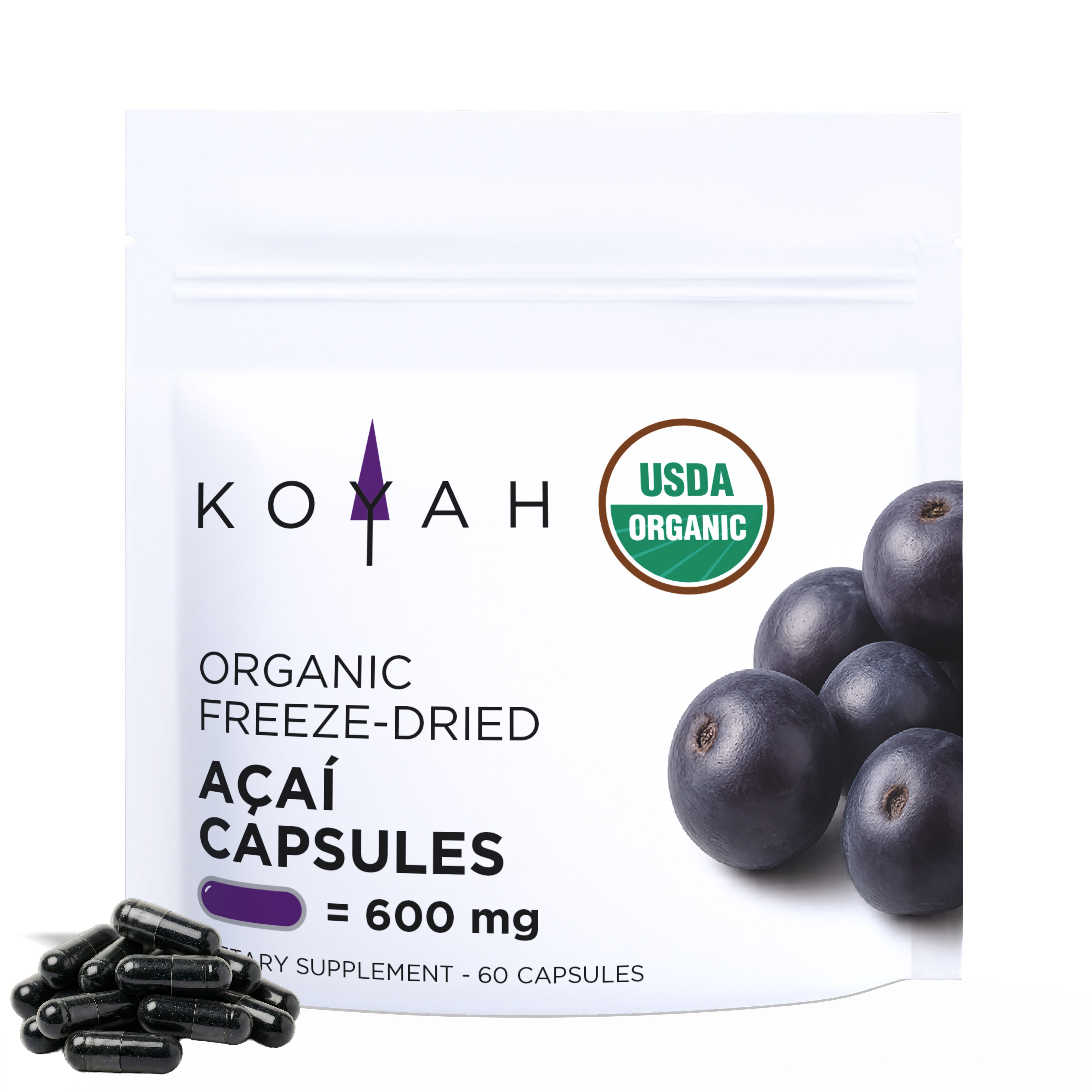 KOYAH Organic Freeze-Dried Acai Capsules — 60 vegan capsules, 600mg, USDA Organic certified with whole acai berries