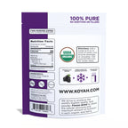 Organic Acai Powder back label — nutrition facts, 100% pure freeze-dried whole acai berries with no additives or fillers