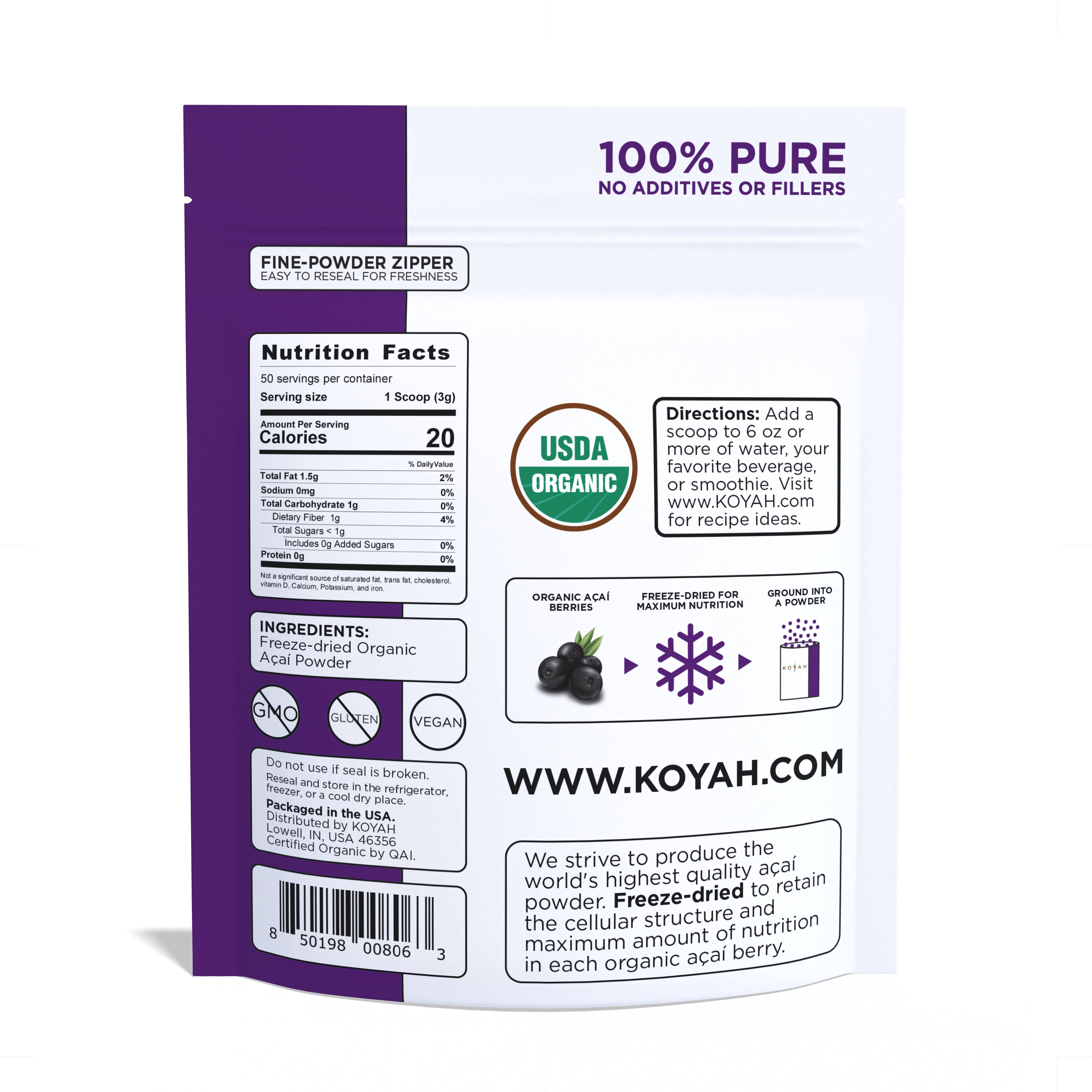 Organic Acai Powder back label — nutrition facts, 100% pure freeze-dried whole acai berries with no additives or fillers