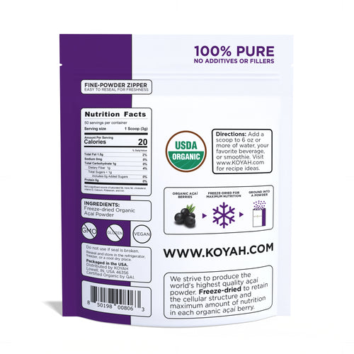 Organic Acai Powder back label — nutrition facts, 100% pure freeze-dried whole acai berries with no additives or fillers