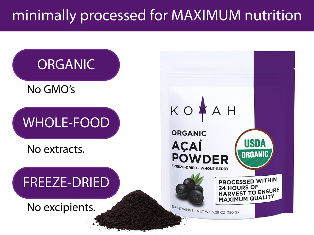 KOYAH Organic Acai Powder — minimally processed, organic, whole-food, freeze-dried with no extracts or excipients