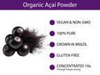 Organic Acai Powder key benefits — vegan, non-GMO, 100% pure, grown in Brazil, gluten-free, concentrated 10x through freeze-drying
