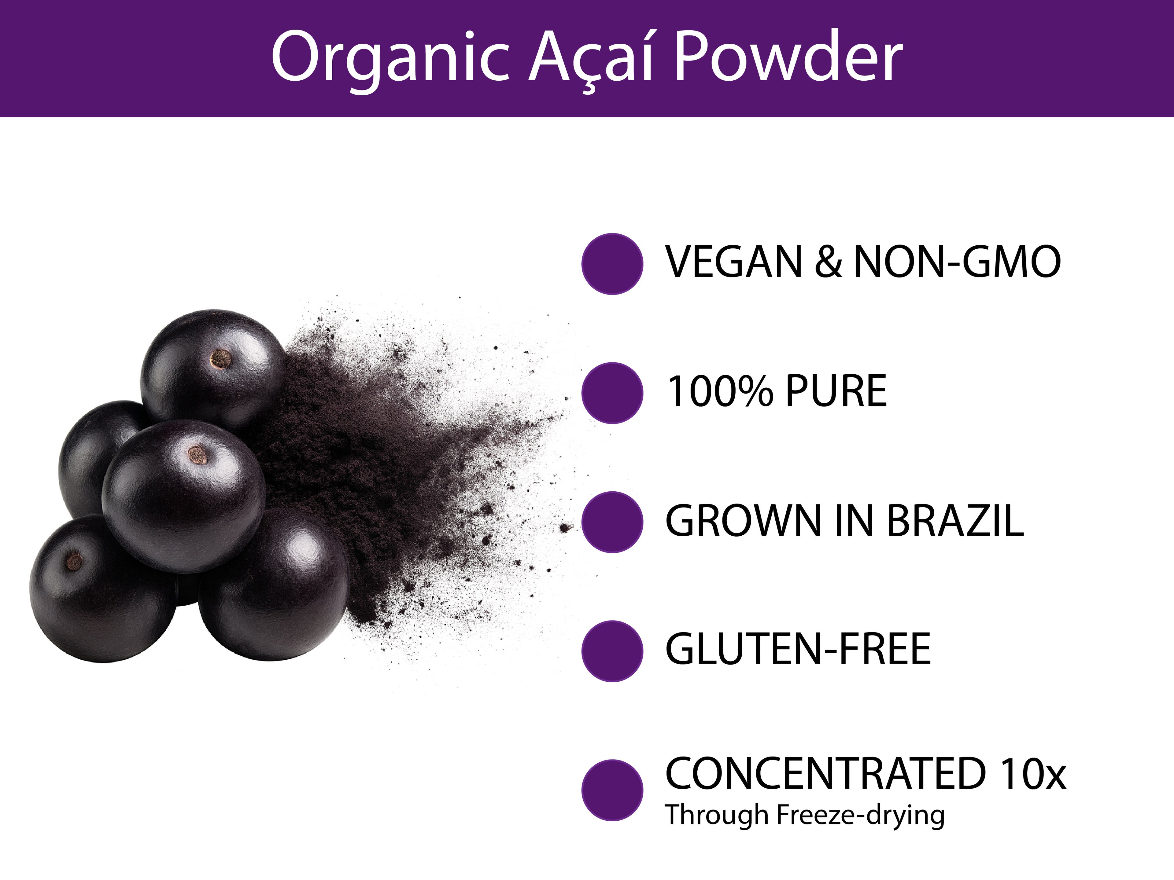Organic Acai Powder key benefits — vegan, non-GMO, 100% pure, grown in Brazil, gluten-free, concentrated 10x through freeze-drying