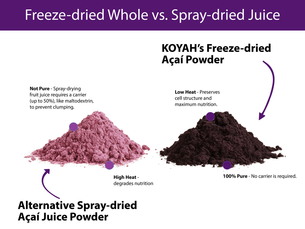 KOYAH freeze-dried whole acai powder vs spray-dried juice comparison — 100% pure, low heat preserves nutrition, no carrier required