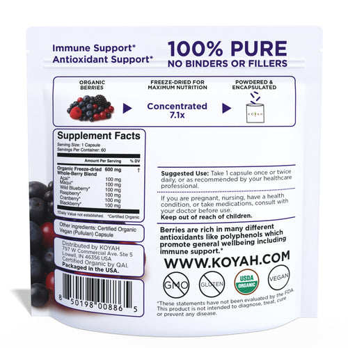Organic Berry Blend Capsules pouch back — Supplement Facts and ingredients
