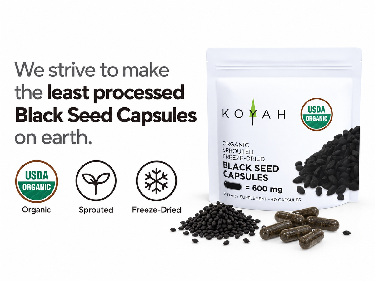 KOYAH Organic Sprouted Black Seed Capsules pouch with loose black cumin seeds and capsules, and USDA Organic, sprouted and freeze-dried icons: the least processed black seed capsules on earth