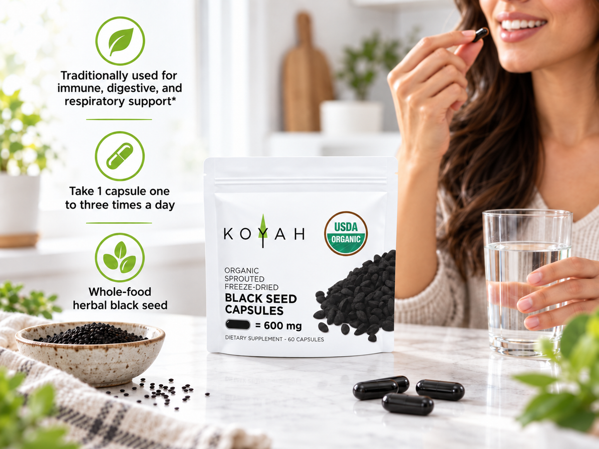 Organic Black Seed Capsules lifestyle woman with green callouts