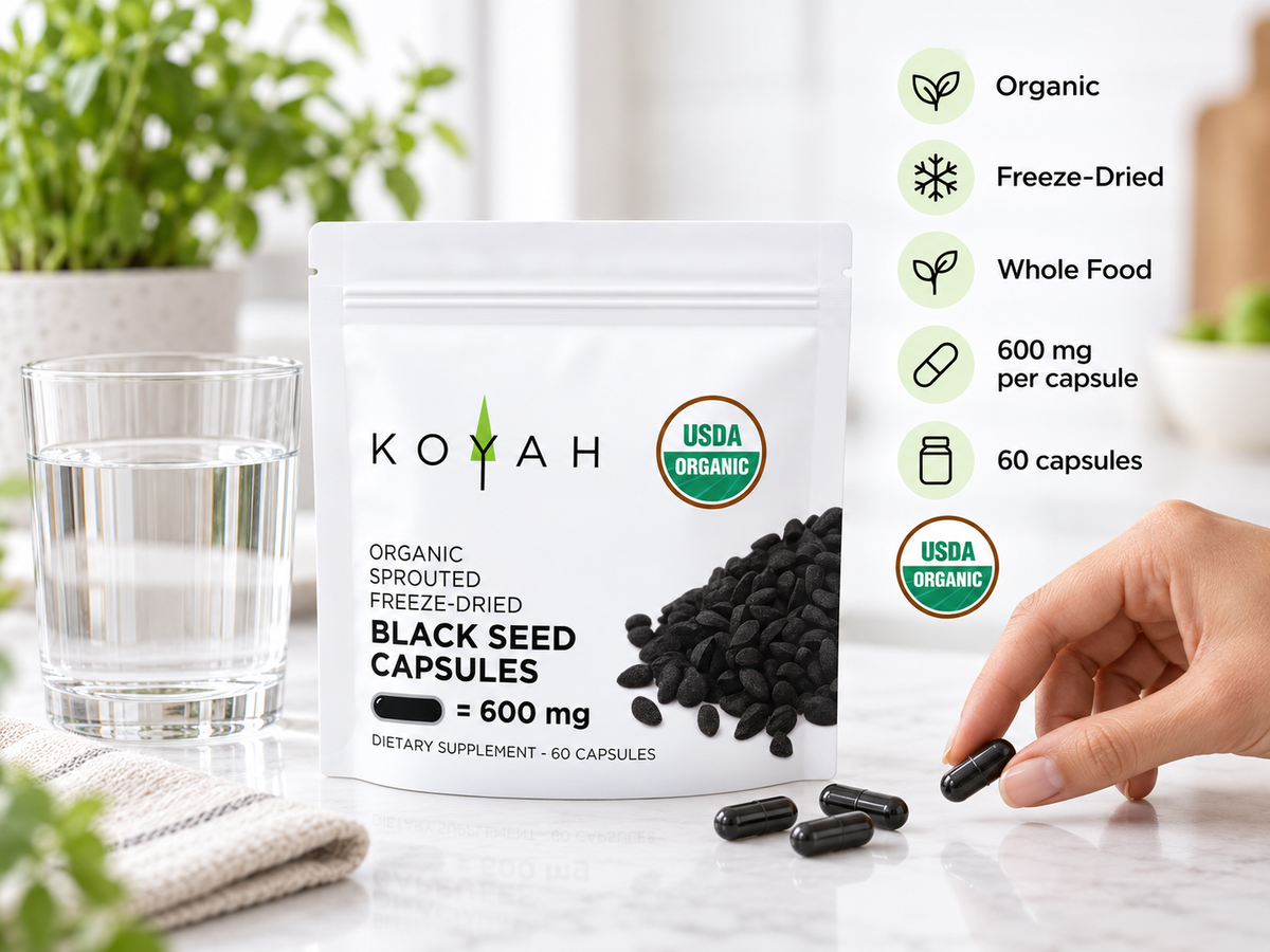Organic Black Seed Capsules hand picking capsule with feature list
