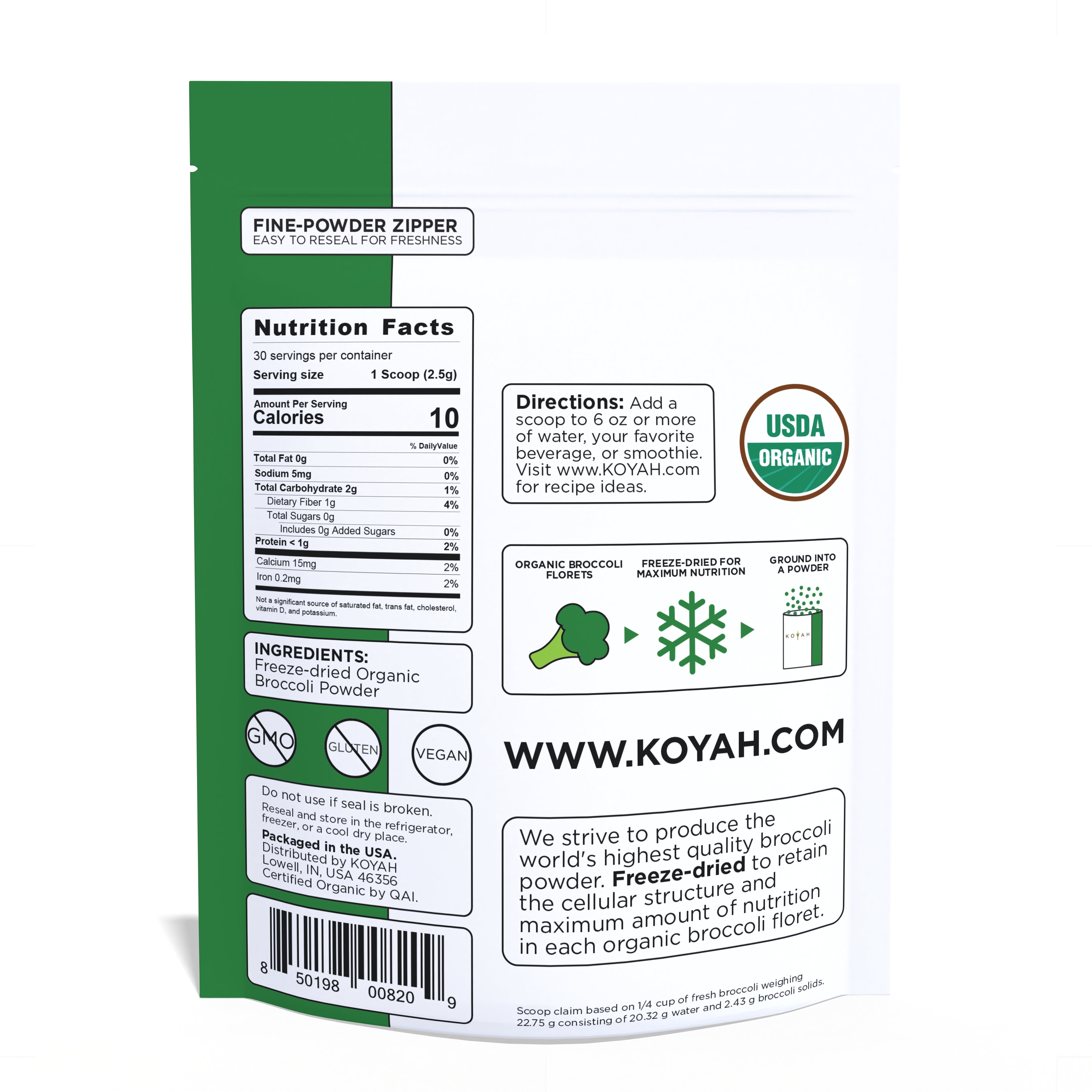 KOYAH Organic Broccoli Powder nutrition label