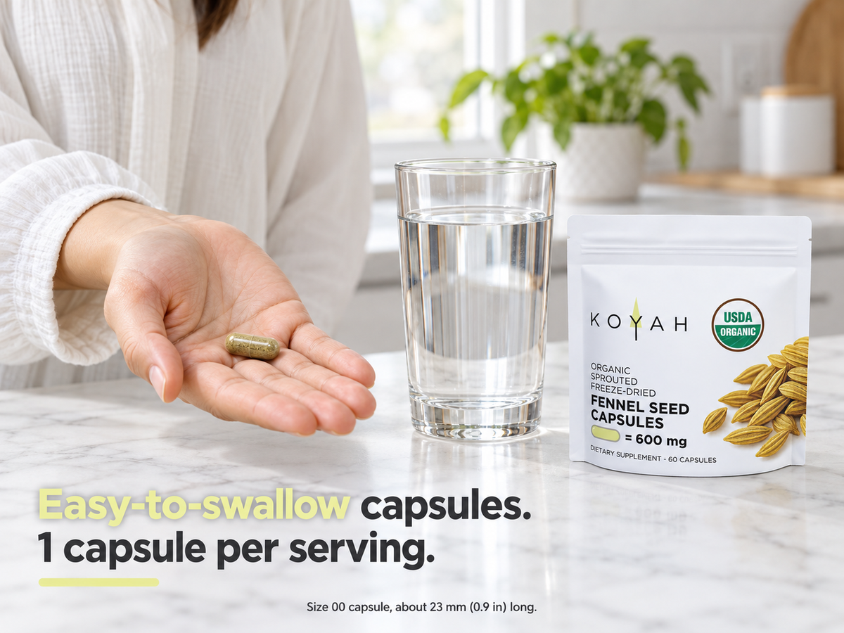 Hand holding a single KOYAH Organic Sprouted Fennel Seed Capsule next to the pouch and a glass of water: easy-to-swallow capsules, 1 capsule per serving