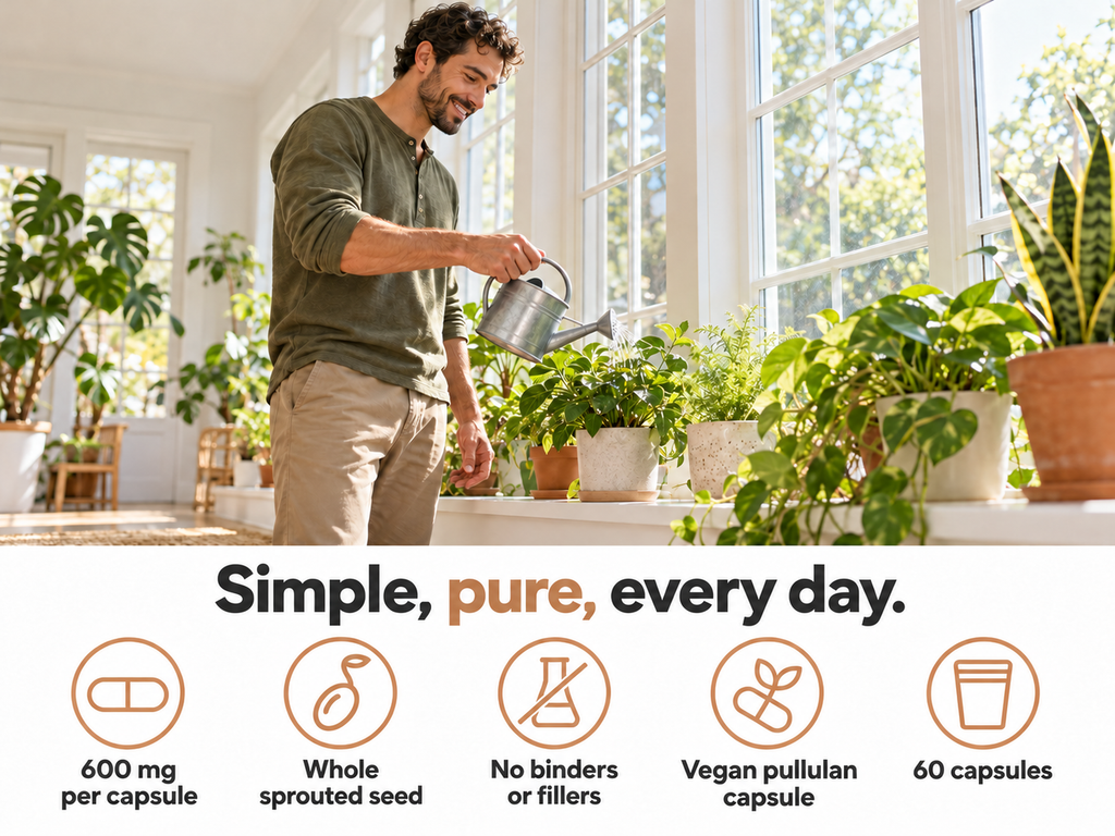 Man watering houseplants in a bright sunroom: simple, pure, every day - 600 mg per capsule, whole sprouted seed, no binders or fillers, vegan pullulan capsule, 60 capsules