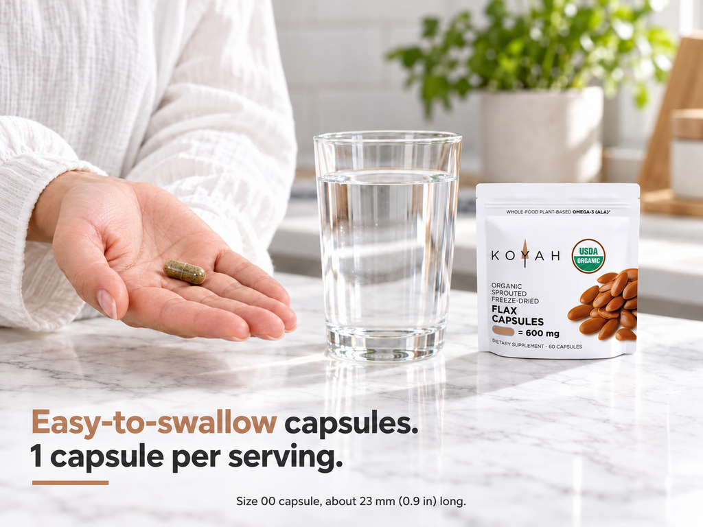 Hand holding a single KOYAH Organic Sprouted Flax Capsule next to the pouch and a glass of water: easy-to-swallow capsules, 1 capsule per serving