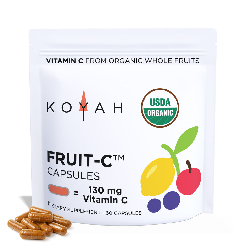 Front of KOYAH Organic Fruit-C whole food vitamin C capsules pouch, 60 count
