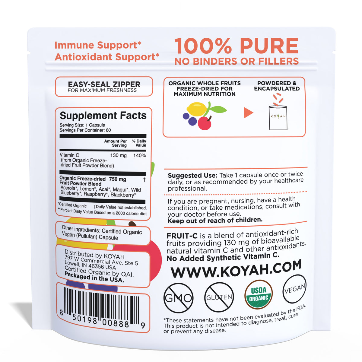 Back of Fruit-C pouch showing supplement facts — 130 mg vitamin C from organic freeze-dried fruit