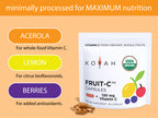 Seven organic fruits in Fruit-C: acerola for whole-food vitamin C, lemon for citrus bioflavonoids, berries for antioxidants