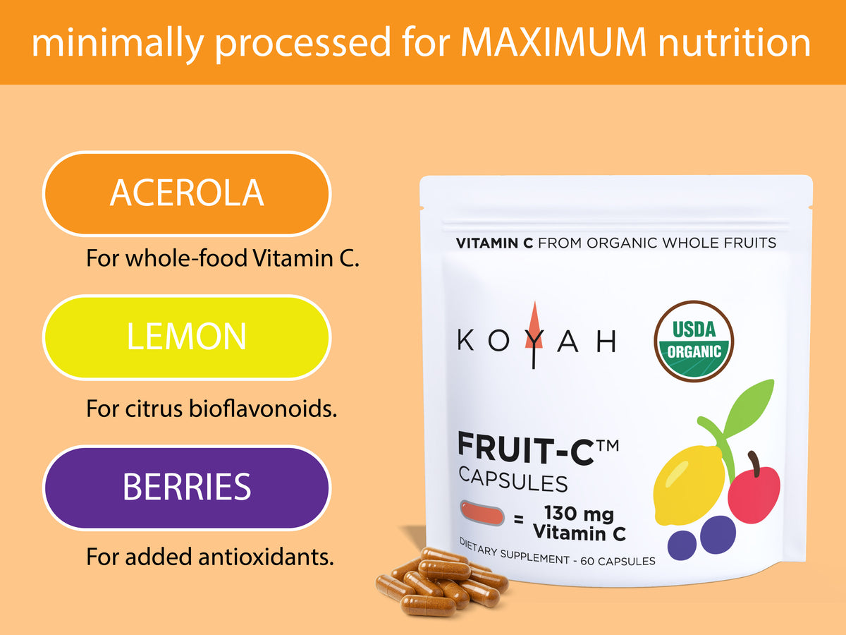 Seven organic fruits in Fruit-C: acerola for whole-food vitamin C, lemon for citrus bioflavonoids, berries for antioxidants