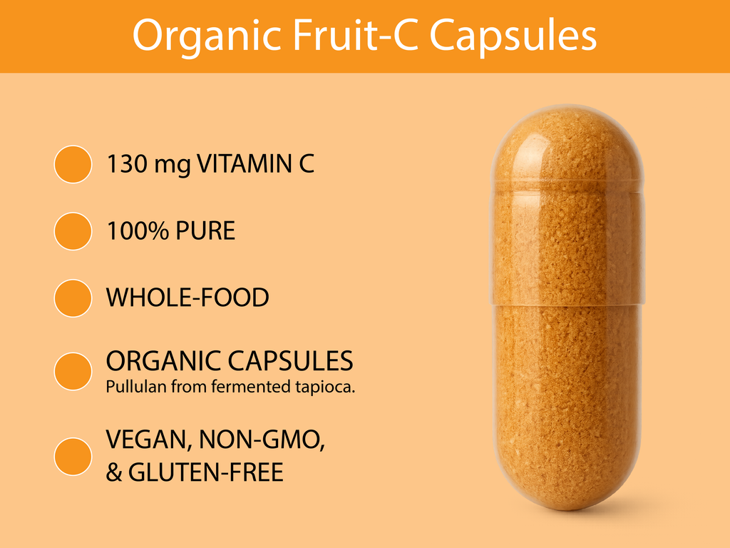Fruit-C capsule: 130 mg vitamin C, 100% pure, whole-food, organic pullulan capsule, vegan, non-GMO, gluten-free
