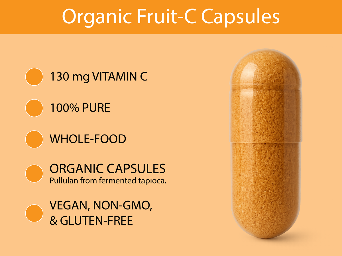 Fruit-C capsule: 130 mg vitamin C, 100% pure, whole-food, organic pullulan capsule, vegan, non-GMO, gluten-free