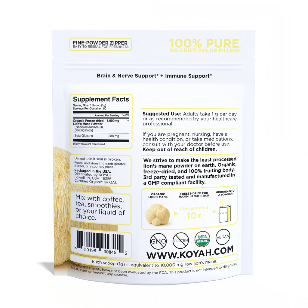 Organic Lion's Mane Powder back label — supplement facts, brain and nerve support, immune support