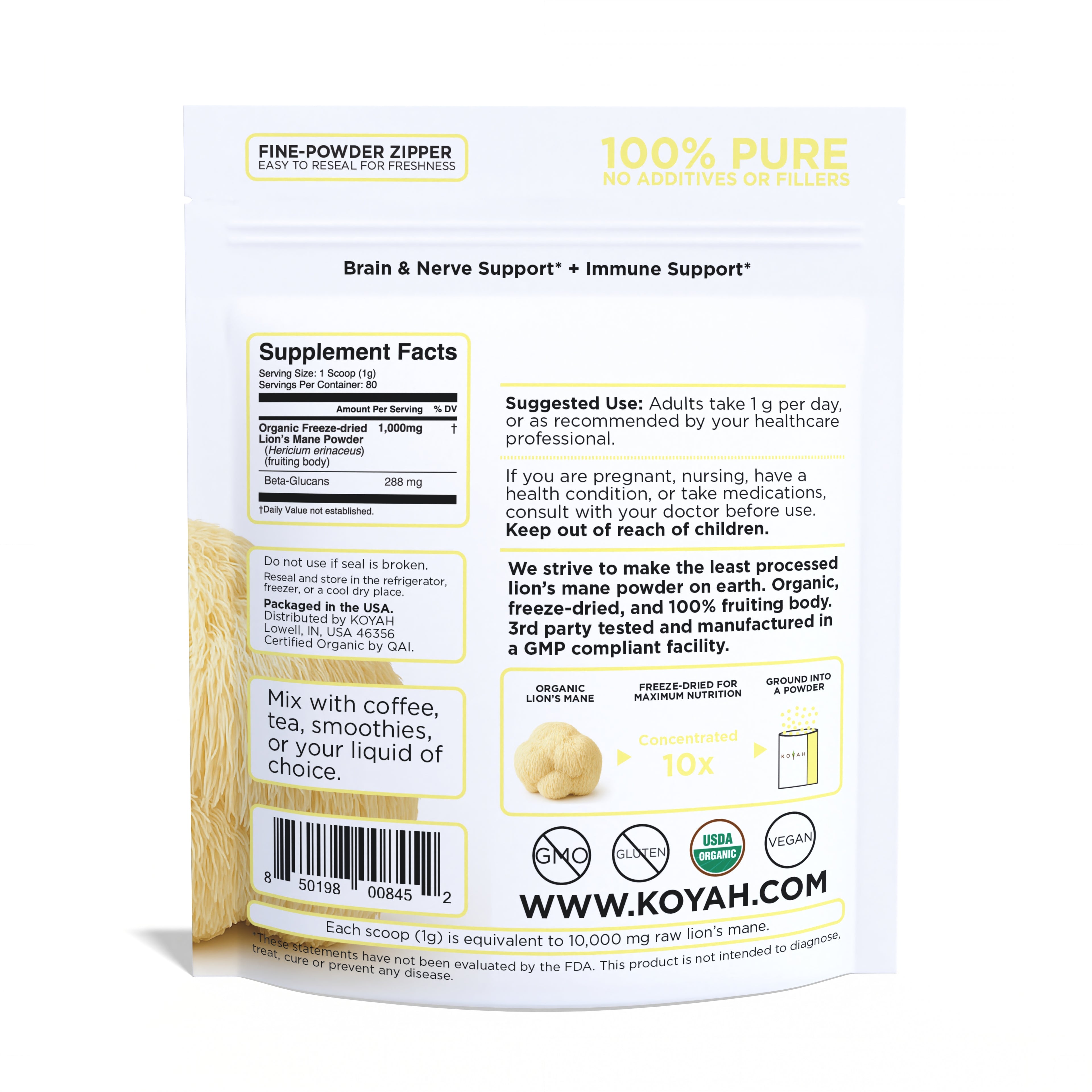 Organic Lion's Mane Powder back label — supplement facts, brain and nerve support, immune support