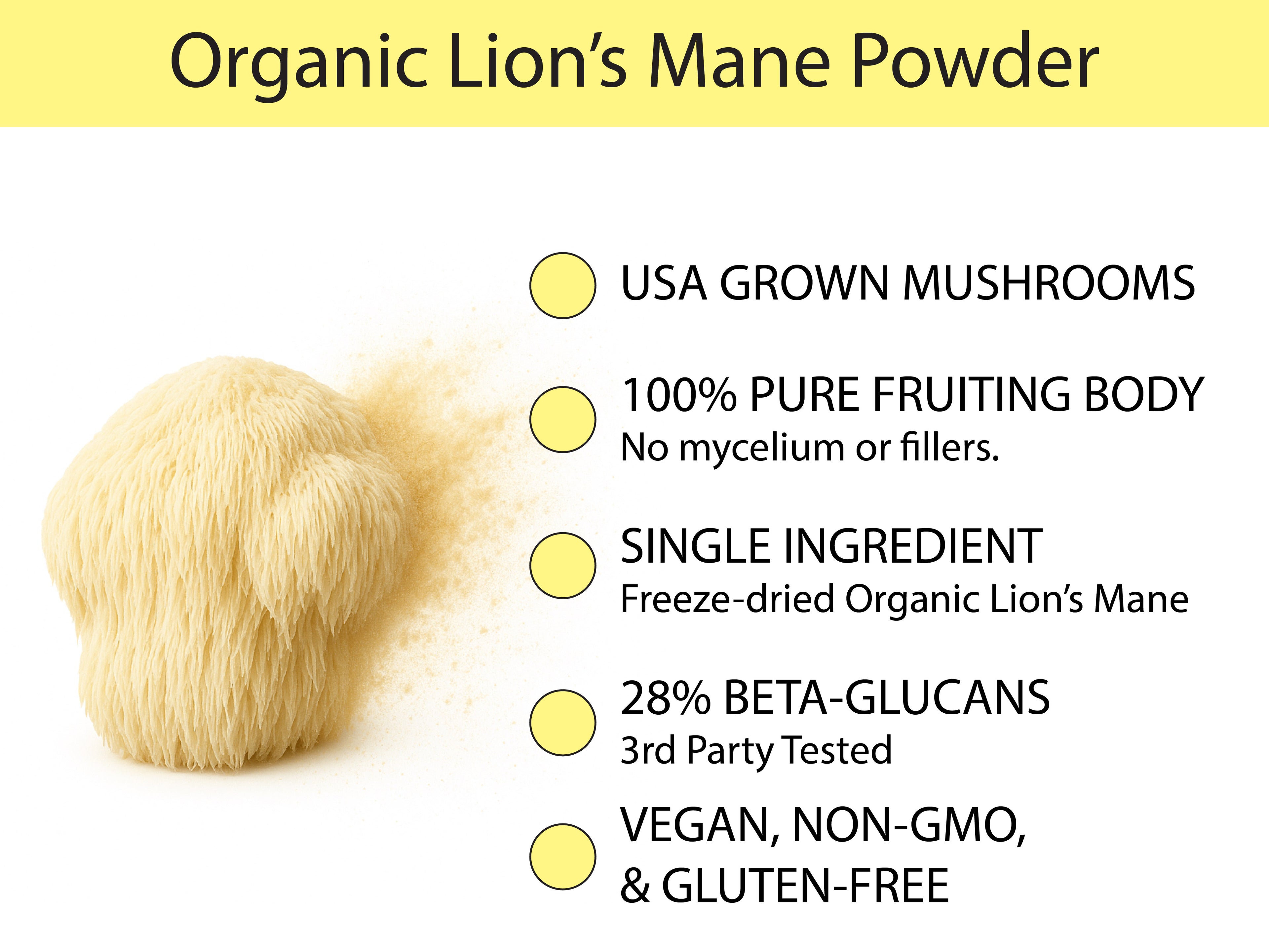 Organic Lion's Mane Powder key benefits — USA grown mushrooms, 100% pure fruiting body, single ingredient, 28% beta-glucans, vegan and gluten-free