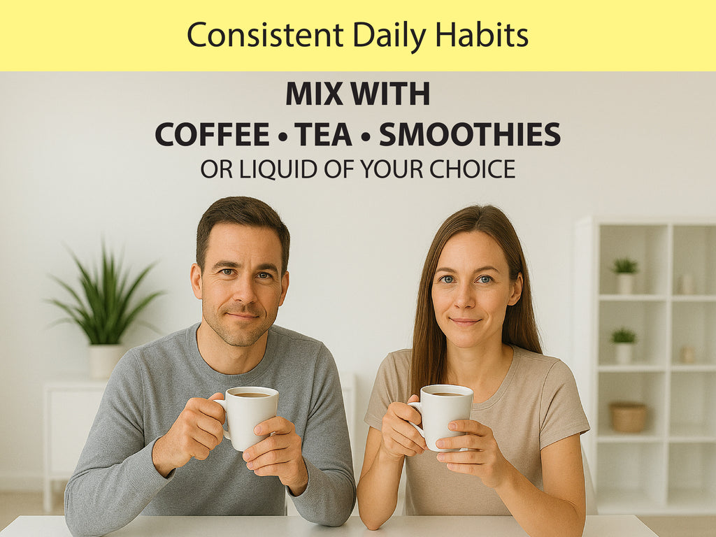 Couple enjoying KOYAH Organic Lion's Mane Powder — mix with coffee, tea, smoothies, or liquid of your choice for consistent daily habits