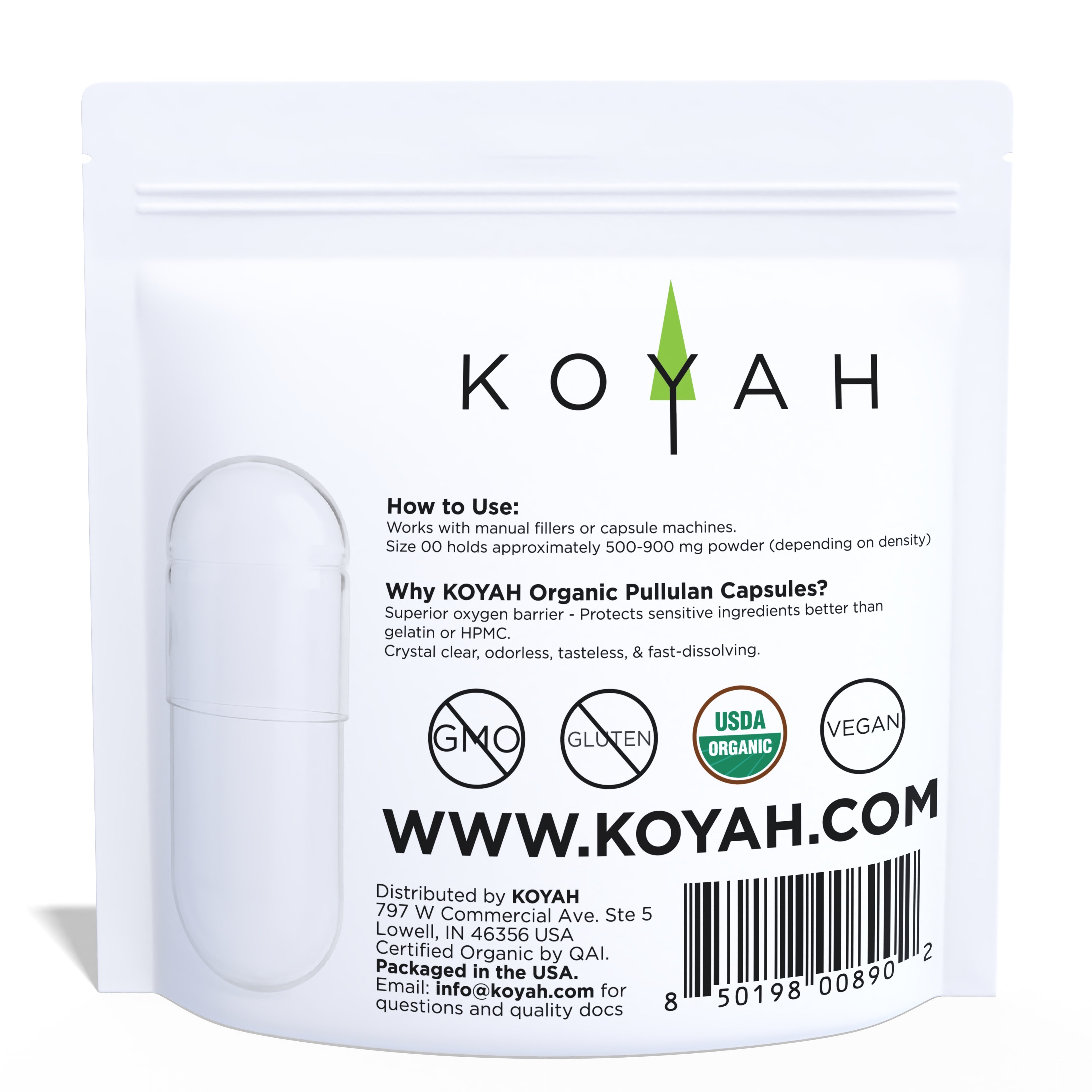 KOYAH Organic Empty Capsules 400 count Size 00 pouch back