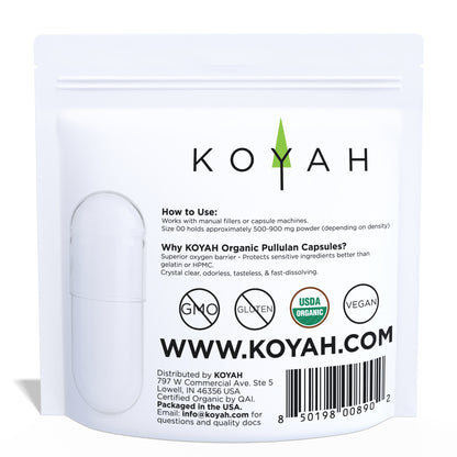 KOYAH Organic Empty Capsules 400 count Size 00 pouch back