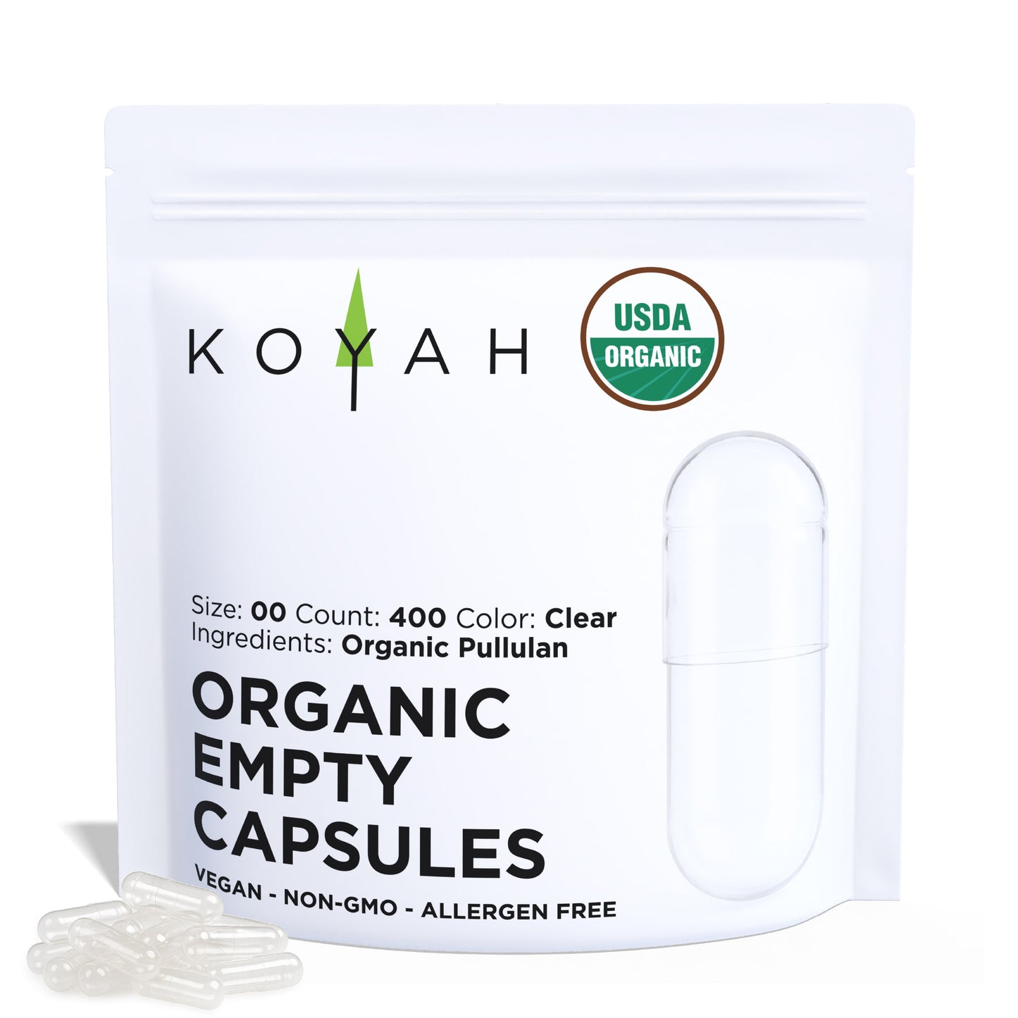 KOYAH Certified Organic Empty Vegan Capsules Size 00, 400 count — front pouch with capsule pile