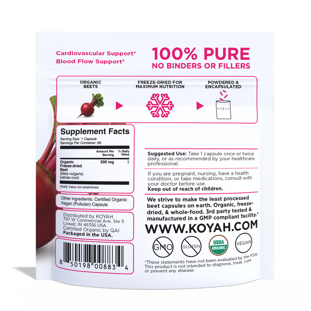 KOYAH Organic Beet Capsules pouch back with supplement facts