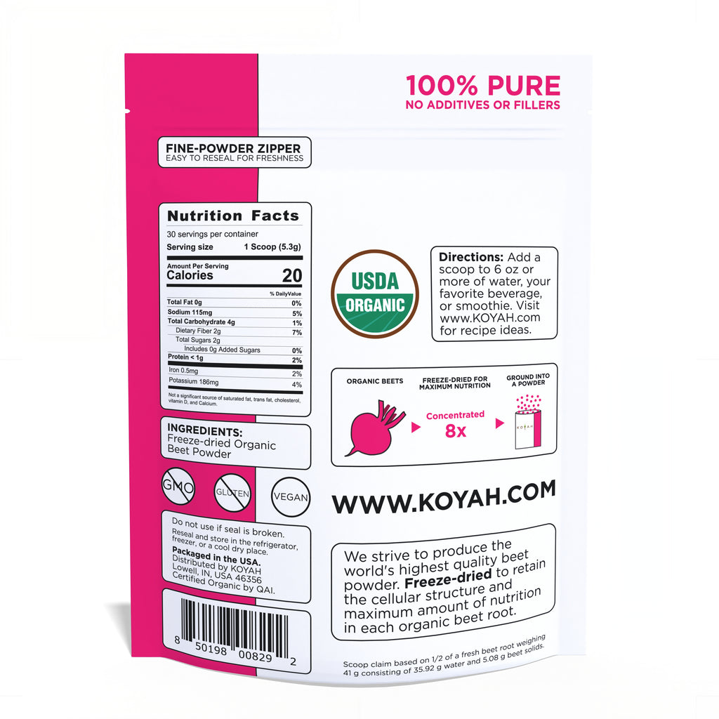 KOYAH Organic Beet Powder pouch back with nutrition facts