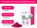 KOYAH Organic Beet Powder infographic: organic, whole food, freeze-dried