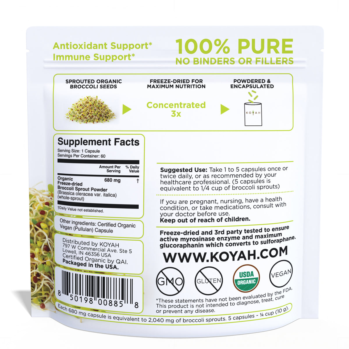 KOYAH Organic Broccoli Sprout Capsules pouch back with supplement facts