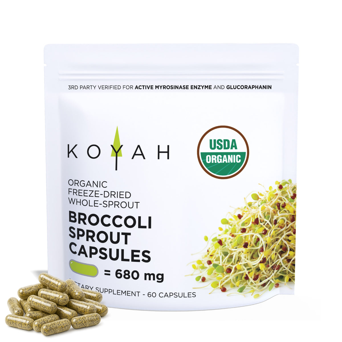 KOYAH Organic Broccoli Sprout Capsules pouch front with capsules