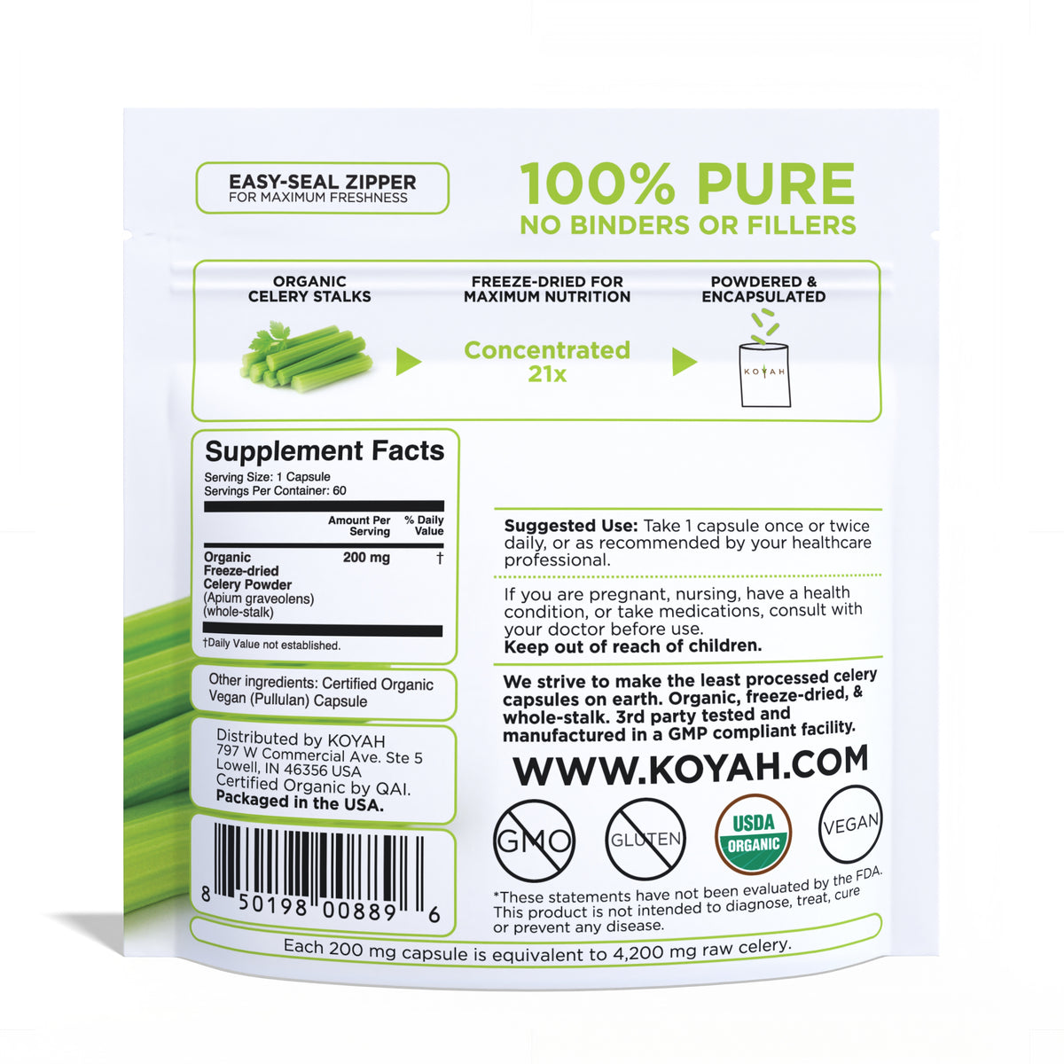 KOYAH Organic Celery Capsules pouch back with supplement facts