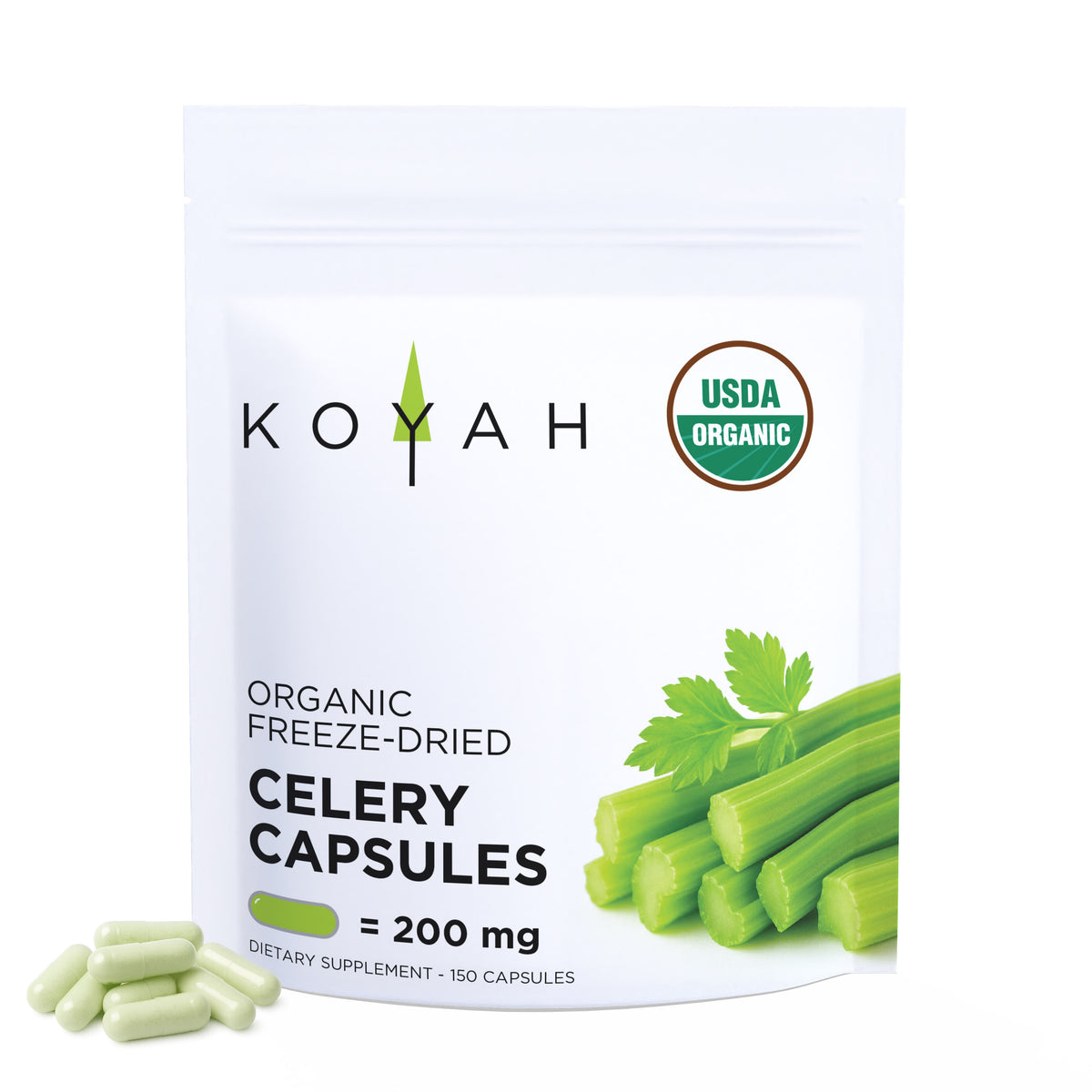KOYAH Organic Celery Capsules pouch front with capsules