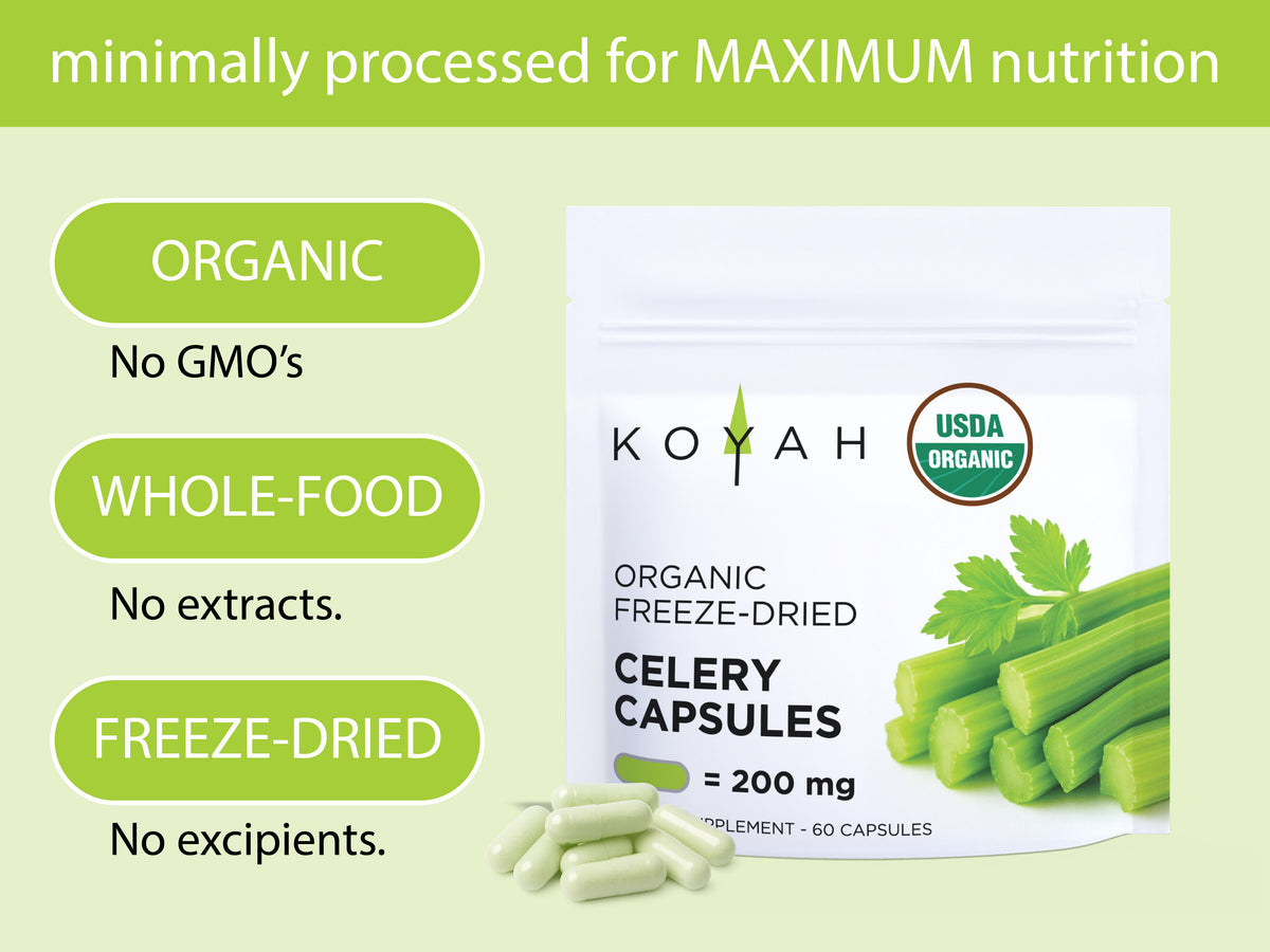 KOYAH Organic Celery Capsules infographic: organic, whole food, freeze-dried