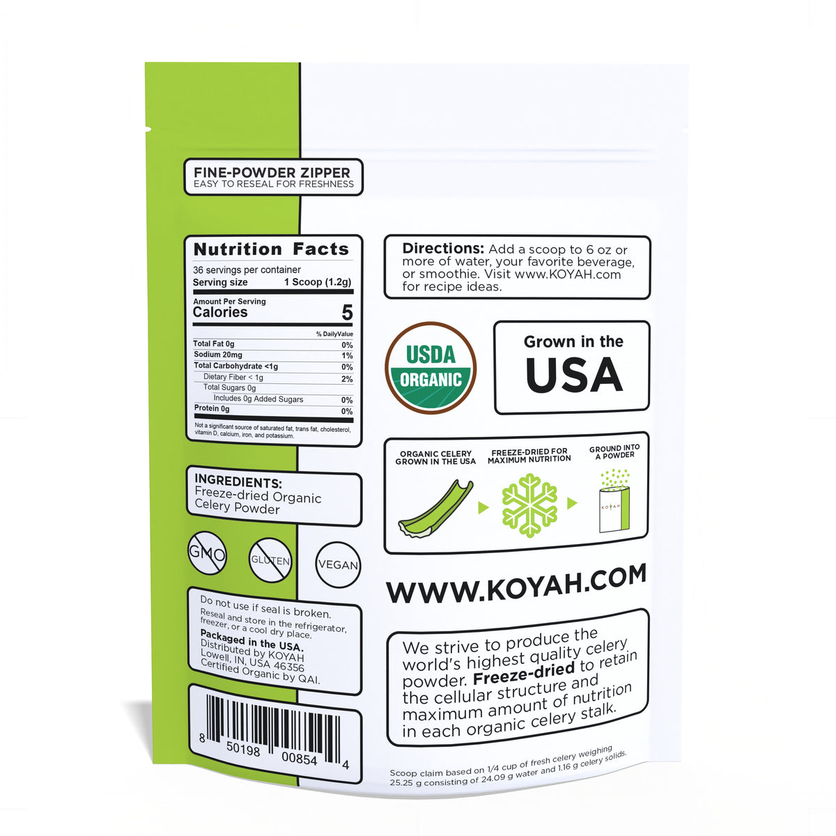 KOYAH Organic Celery Powder pouch back with nutrition facts