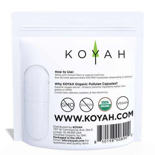 KOYAH Organic Empty Vegan Capsules Size 00, 400 Count pouch back with supplement facts