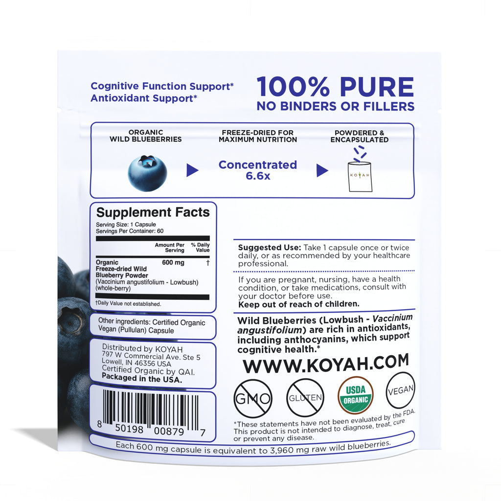 KOYAH Organic Wild Blueberry Capsules pouch back with supplement facts