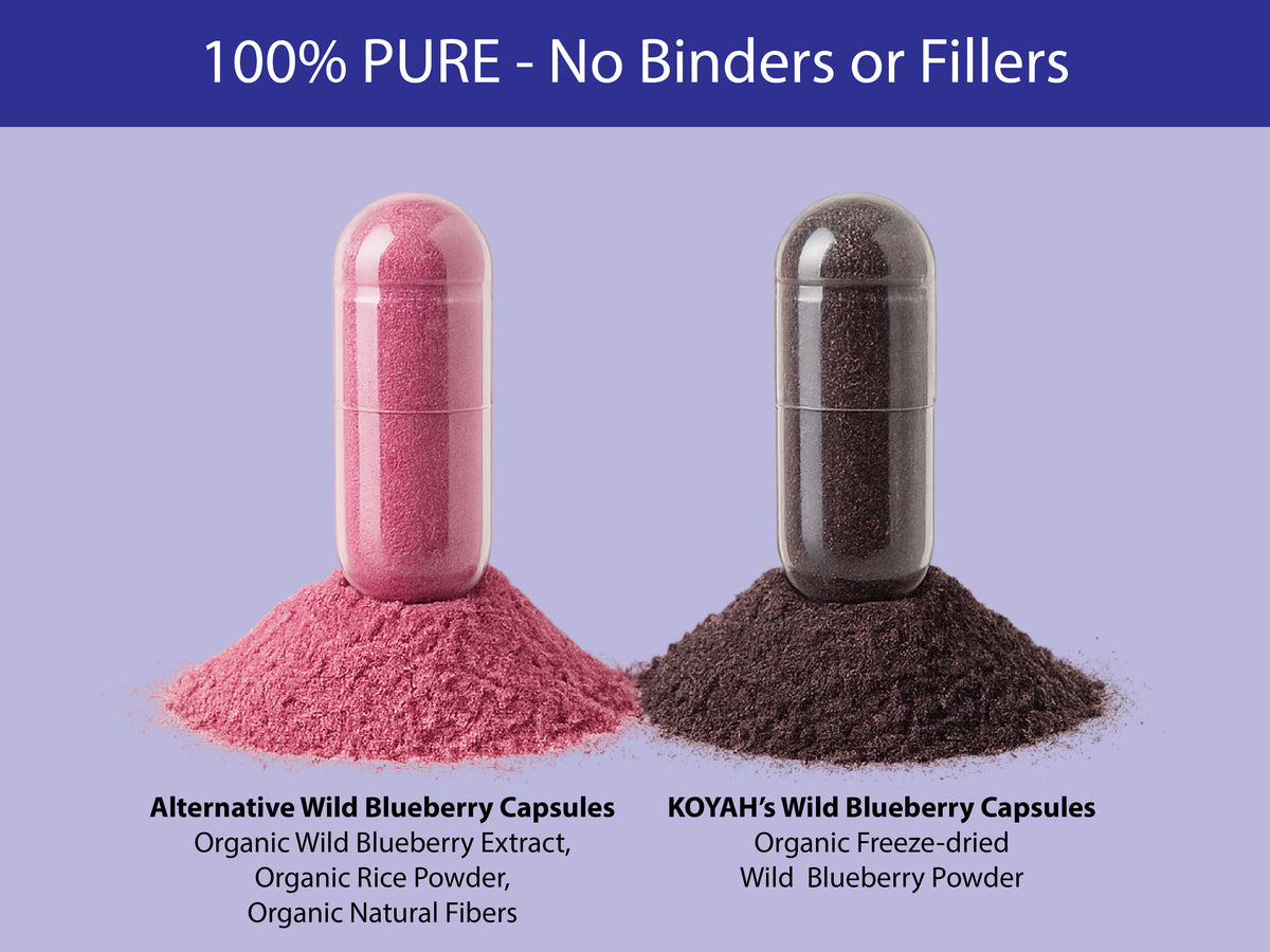 KOYAH Organic Wild Blueberry Capsules 100% pure comparison chart