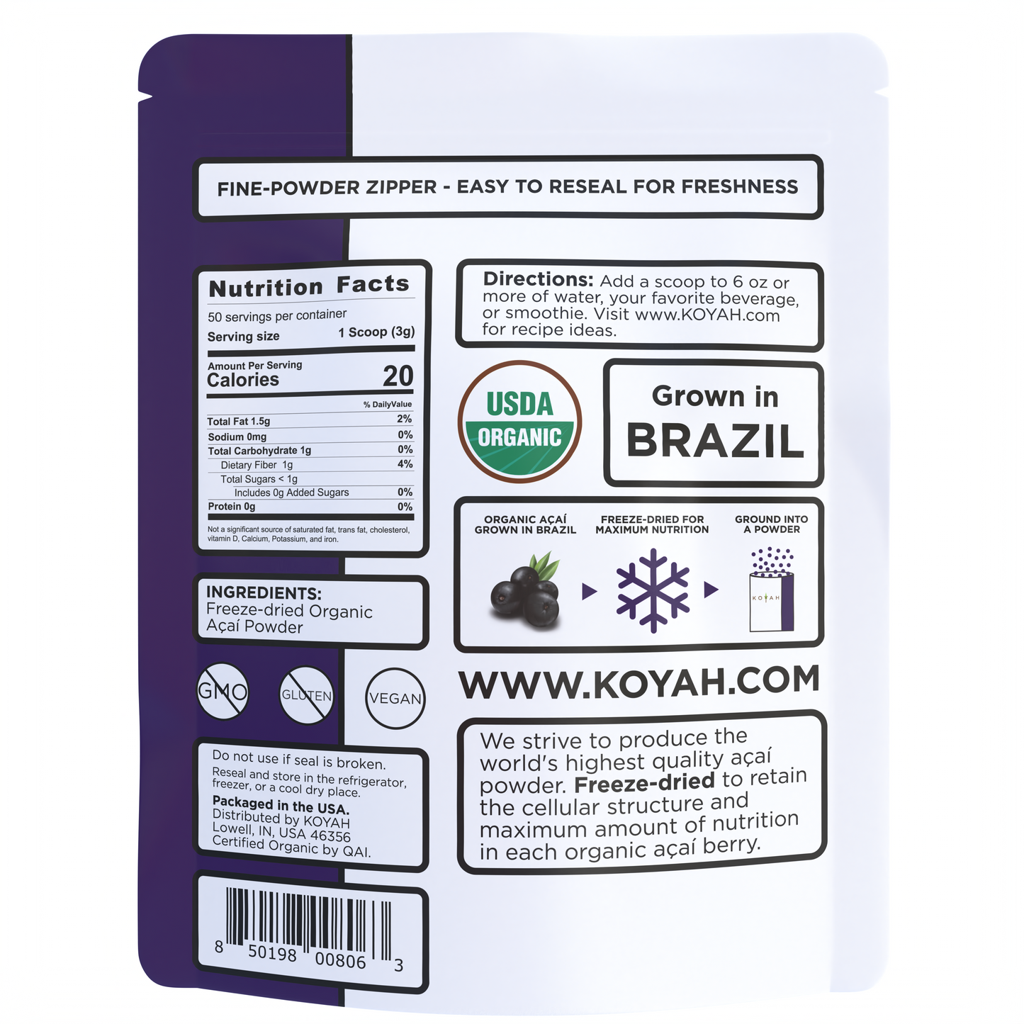 organic acai powder back of pouch 